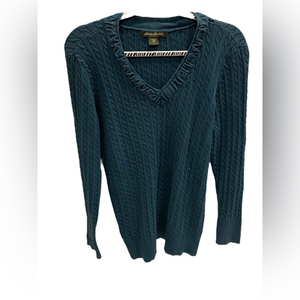 Eddie Bauer Women V-Neck Sweater Size XXL Long Sleeve Jade Ruffled Neck
